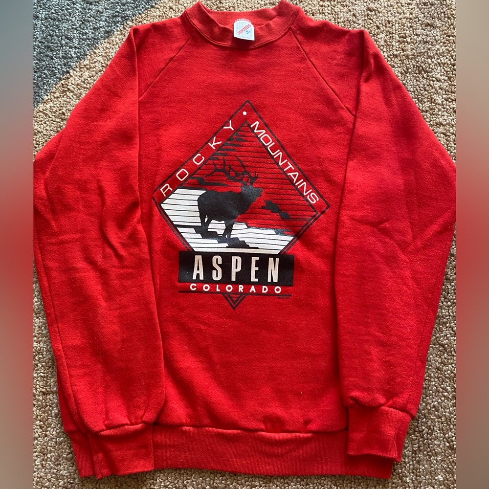 VTG Colorado Aspen Elk Tourist Sweatshirt Medium Red Vintage 80s 90s Black Ski